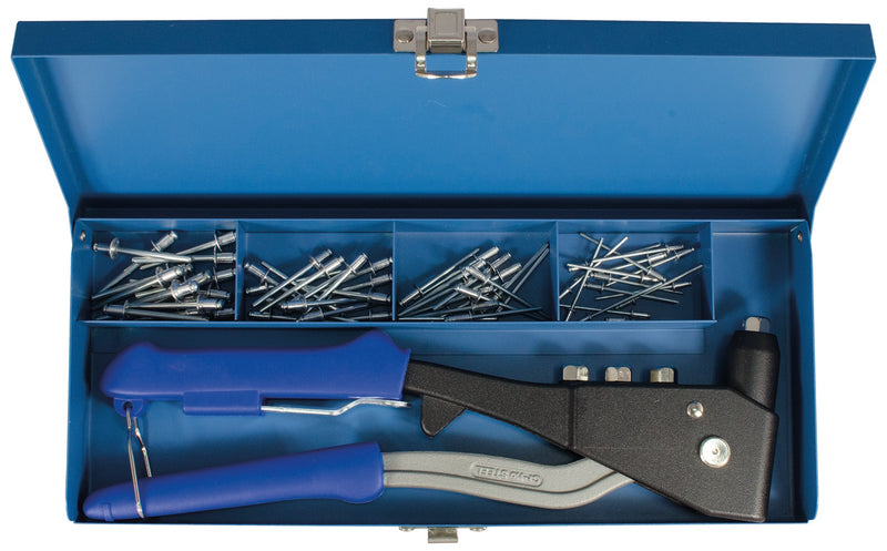 Profi Blindnietzangen-Set, 61-tlg. 1x Blindnietzange 395060 15x Blindniete Aluminium 2,4 x 6,0 mm 15x Blindniete Aluminium 3,2 x 6,5 mm 15x Blindniete Aluminium 4,0 x 6,5 mm 15x Blindniete Aluminium 4,8 x 6,5 mm