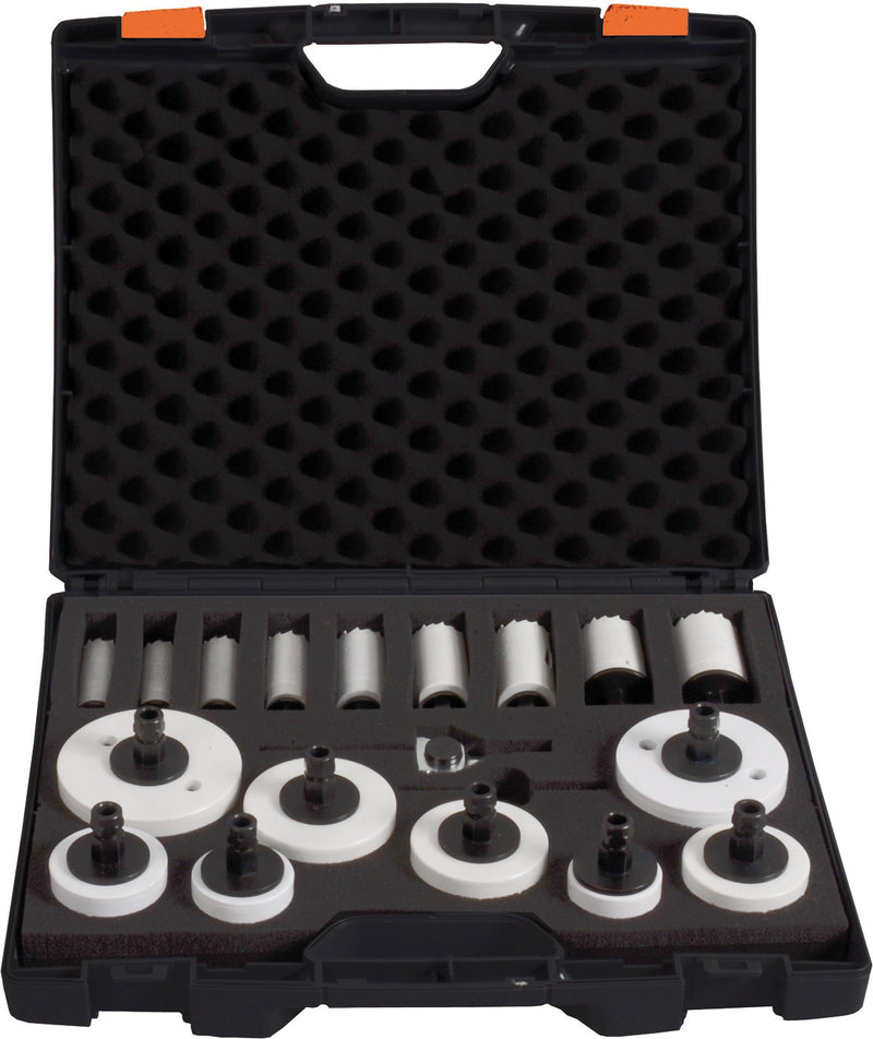 BiMetall Lochsägen-Koffer "Universal" 18 tlg. 17 an der Lochsäge vormontierte Verbindungsstücke, inkl. 1 x Schnellwechsel-Adapter