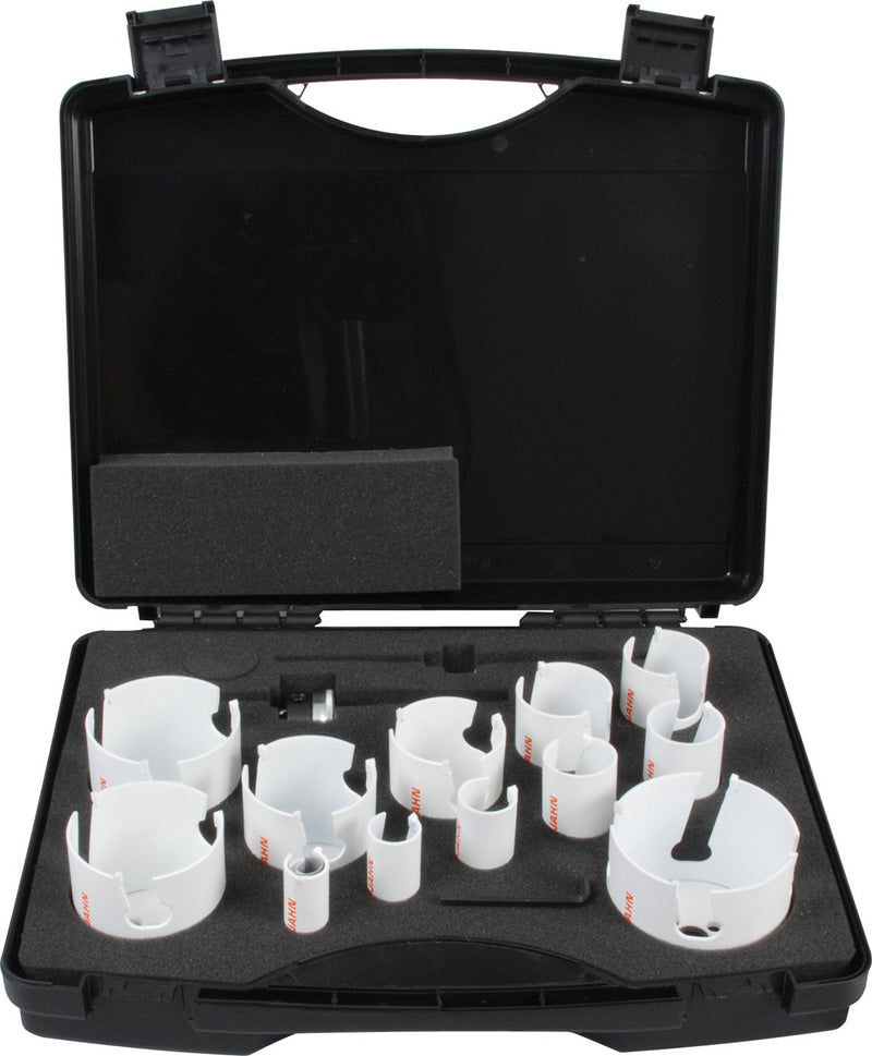Koffer mit HM TCT Multilochsägen je 1 Stück: 19-22-25-32-35-40-44-51-57-64-68-76 mm inkl. 2 Adaptern, je 1 x HSS und TCT Zentrierbohrer sowie 1 x Winkelstiftschlüssel
