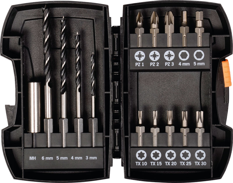Bohrer-Bit-Box 15-tlg. Holzbohrer mit E 6.3 Schaft Ø 3, 4, 5, 6 mm Bits: PZ, TX, Hex