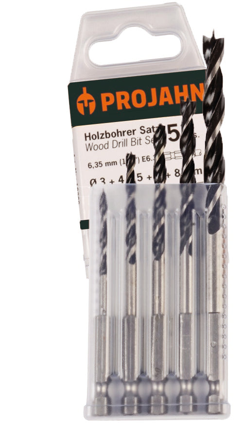 Holzspiralbohrer Satz 6-kant Schaft E6.3 5-tlg. (3, 4, 5, 6, 8 mm)