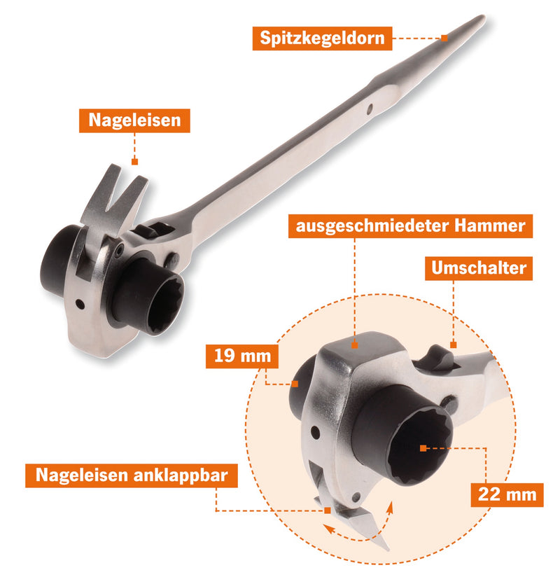 Gerüstbaürschlüssel mit Hammer und Nageleisen Funktion