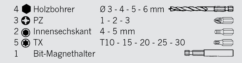 Bohrer-Bit-Box 15-tlg. Holzbohrer mit E 6.3 Schaft Ø 3, 4, 5, 6 mm Bits: PZ, TX, Hex