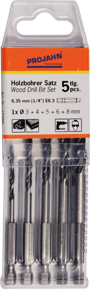 Holzspiralbohrer Satz 6-kant Schaft E6.3 5-tlg. (3, 4, 5, 6, 8 mm)