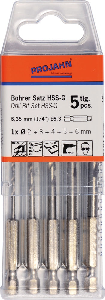 HSS-G Bohrer Satz 6-kant Schaft E6.3 5-tlg. (2, 3, 4, 5, 6 mm)