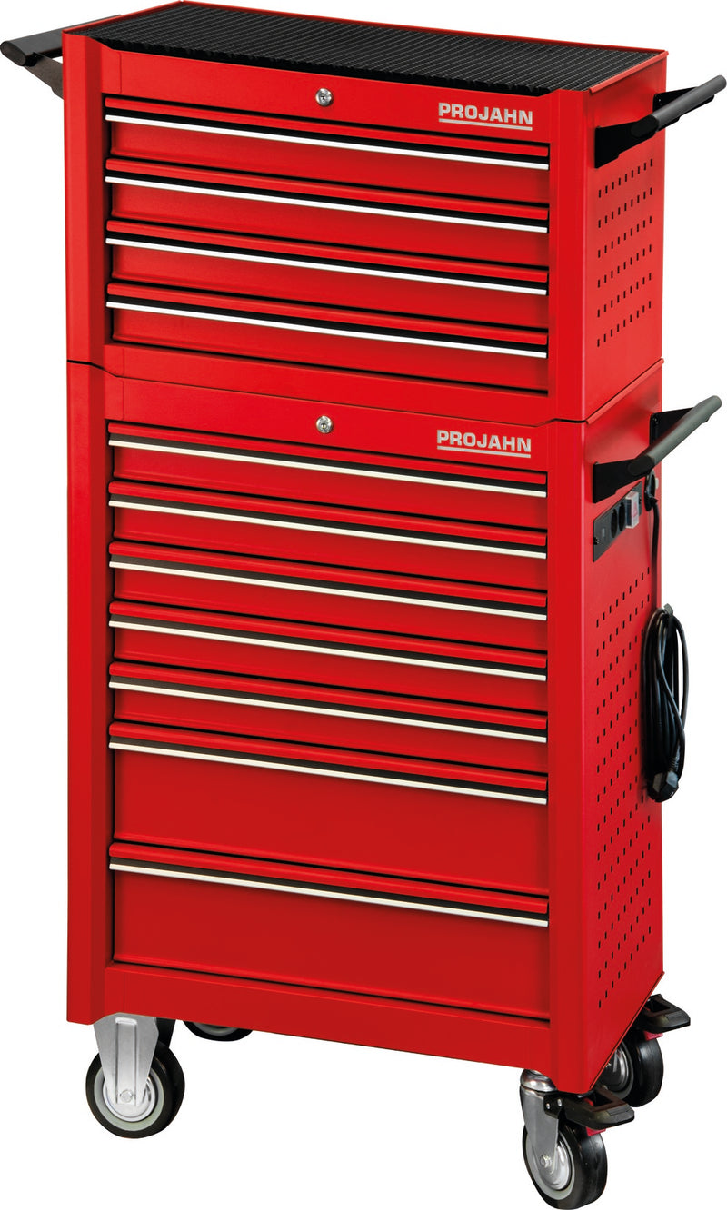 Werkstattwagen UNIVERSE + Werkstattwagenaufsatz UNIVERSE + E-Power + Dosenhalter + Papierrollenhalter Rot