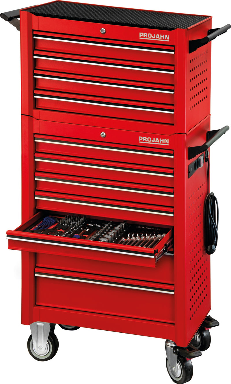 Bestückter Werkstattwagen UNIVERSE + E-Power Elektroverteiler + Werkstattwagenaufsatz UNIVERSE + Dosenhalter + Papierrollenhalter + 379-tlg. Bestückung