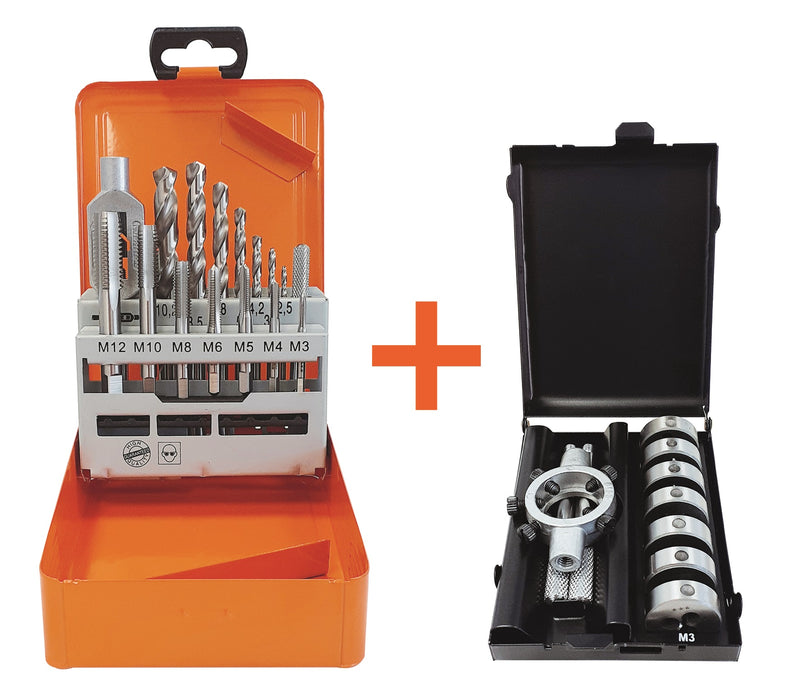 Kombination Gewindesätze 91013 (Einschnitt-Gewindebohrer Satz) + 91015 (Schneideisen Satz) in Metallkassetten